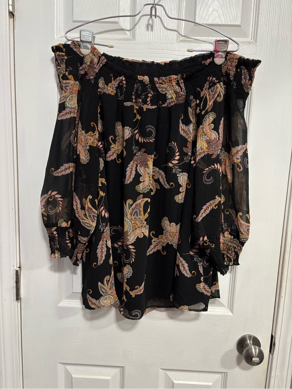 City Chic Black Off-Shoulder Paisley Blouse with Pink and Tan Accents